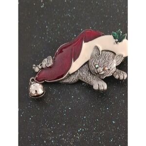 AS Christmas Cat Santa Hat Brooch Pewter Tone Enamel Bell Rhinestone Eyes Mouse
